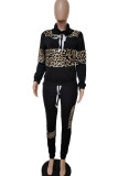 Black Casual Print Leopard Patchwork Turtleneck Long Sleeve Two Pieces