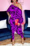 Purple Casual Print Camouflage Print Patchwork Asymmetrical Off the Shoulder Three Quarter Two Pieces