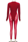Red Sexy Solid Patchwork See-through Mesh V Neck Straight Jumpsuits（Without Gloves）