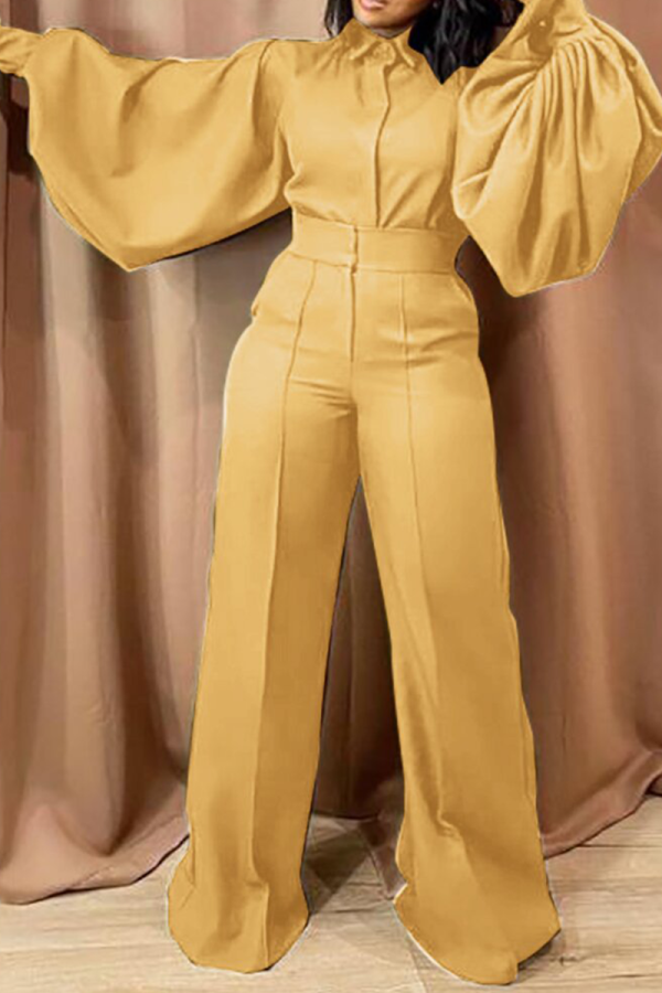 Yellow Casual Solid Patchwork Turndown Collar Straight Jumpsuits