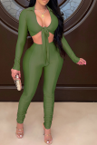 Army Green Sexy Solid Split Joint V Neck Long Sleeve Two Pieces
