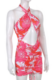 Red Sexy Print Patchwork Halter Pencil Skirt Dresses