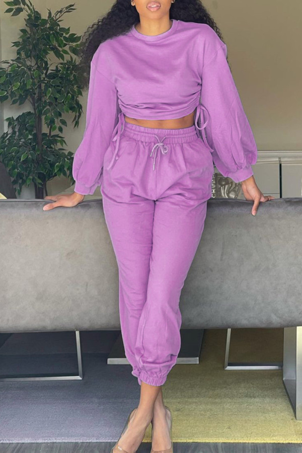 Purple Fashion Casual Solid Bandage O Neck Long Sleeve Two Pieces