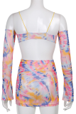 Colour Sexy Print Patchwork Spaghetti Strap Long Sleeve Two Pieces