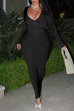 Black Fashion Sexy Solid Fold V Neck Long Sleeve Dresses