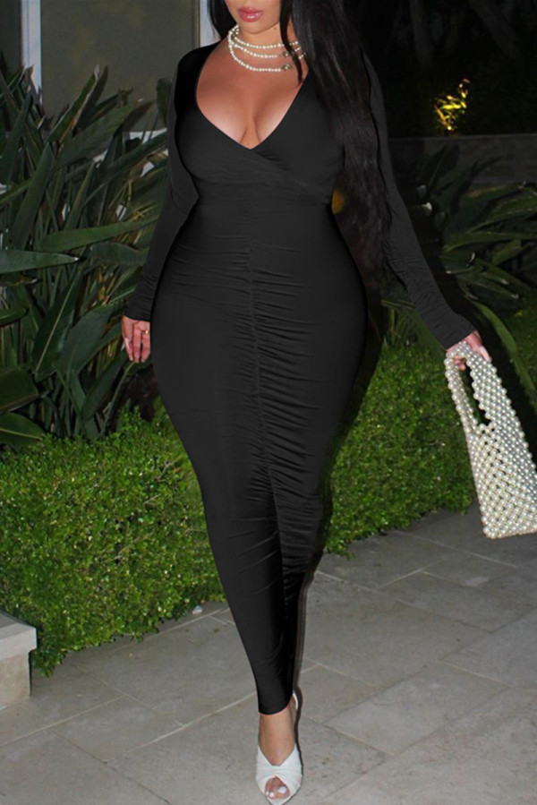 Black Fashion Sexy Solid Fold V Neck Long Sleeve Dresses