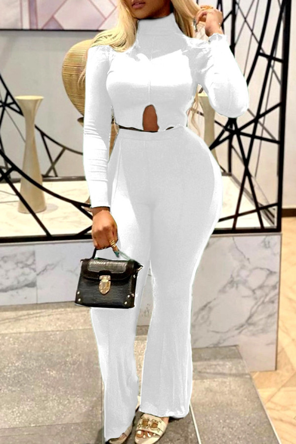 White Fashion Casual Print Slit Turtleneck Long Sleeve Two Pieces