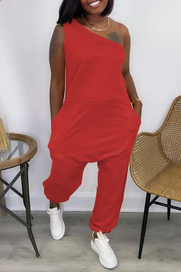Red Casual Solid Backless One Shoulder Sleeveless Regular Jumpsuits