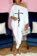 White Fashion Casual Print Asymmetrical Oblique Collar Three Quarter Two Pieces