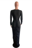 Black Fashion Sexy Solid Fold V Neck Long Sleeve Dresses