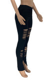 Black Fashion Casual Solid Ripped Slit Skinny High Waist Pencil Trousers