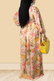 Yellow Sweet Print Patchwork V Neck Straight Dresses