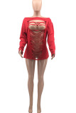 Red Sexy Solid Hollowed Out Split Joint Asymmetrical O Neck Plus Size Tops