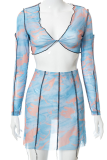Blue Sexy Print Patchwork V Neck Long Sleeve Two Pieces