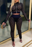 Orange Fashion Sexy Solid Hollowed Out See-through Zipper Collar Long Sleeve Two Pieces