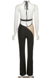 Black Sexy Solid Mesh Halter Boot Cut Jumpsuits
