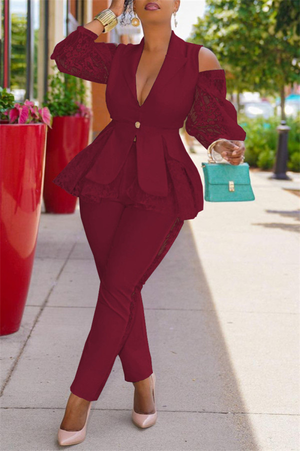 Burgundy Fashion Casual Patchwork Hollowed Out Turndown Collar Long Sleeve Two Pieces