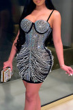 Black Sexy Solid Patchwork Hot Drill Spaghetti Strap Sling Dress Dresses