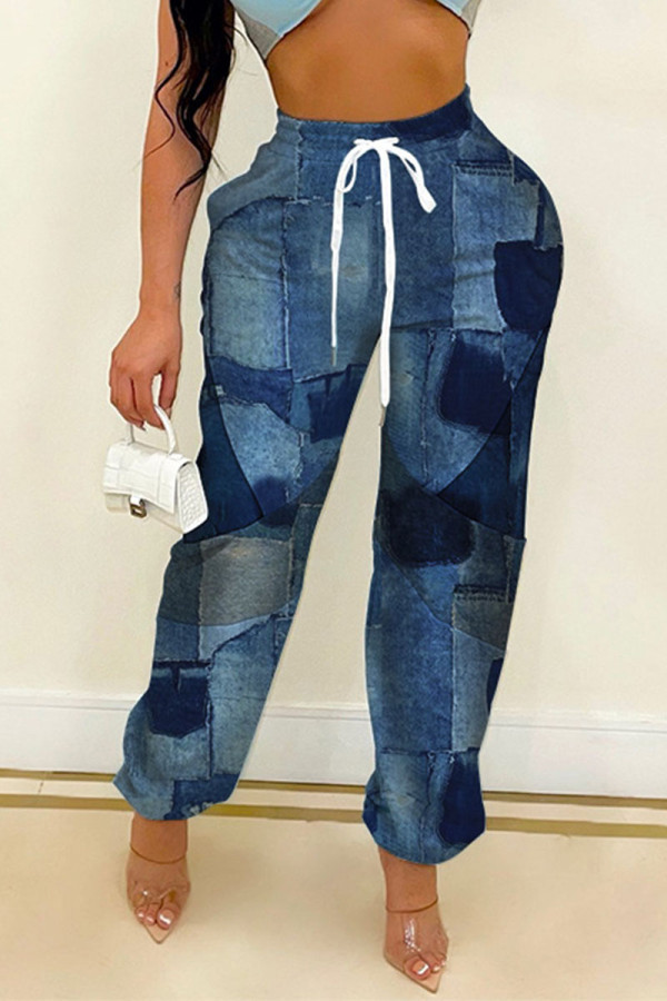 Dark Blue Street Print Patchwork Loose Straight Full Print Bottoms
