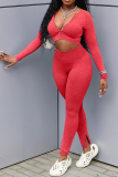 Red Sexy Solid Patchwork V Neck Long Sleeve Two Pieces