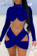 Blue Sexy Patchwork See-through Turtleneck Long Sleeve Dresses
