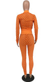 Orange Fashion Sexy Solid Hollowed Out See-through Zipper Collar Long Sleeve Two Pieces