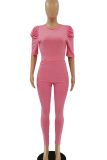 Pink Casual Solid Patchwork U Neck Short Sleeve Two Pieces