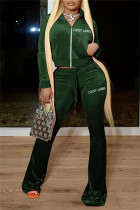 Ink Green Fashion Casual Letter Embroidery Solid Color Zipper Collar Long Sleeve Two Pieces