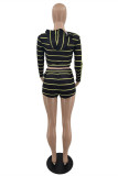 Black Fashion Casual Striped Print Basic Hooded Collar Long Sleeve Two Pieces