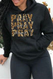 Black Fashion Casual Letter Print Basic Hooded Collar Tops