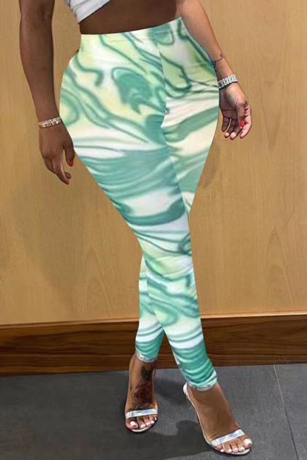 Cyan Sexy Patchwork Tie-dye Skinny High Waist Pencil Full Print Bottoms
