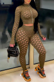 Orange Fashion Sexy Solid Hollowed Out See-through Zipper Collar Long Sleeve Two Pieces
