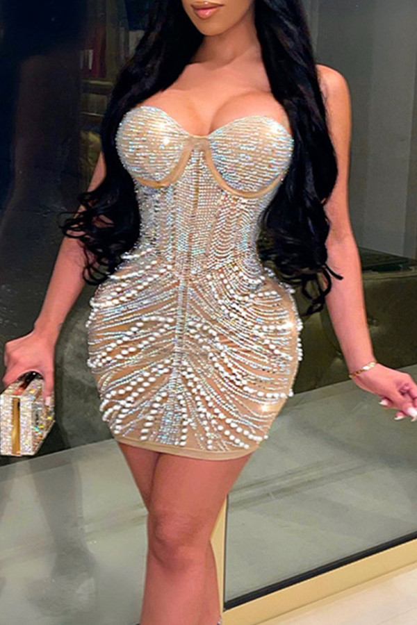Apricot Sexy Solid Patchwork Hot Drill Spaghetti Strap Sling Dress Dresses