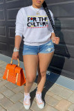 White Fashion Casual Letter Print Basic O Neck Tops