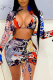 White Sexy Print Patchwork Halter Long Sleeve Two Pieces