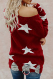 Red Casual Print The stars Ripped Patchwork O Neck Tops