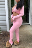 Pink Sexy Solid Split Joint V Neck Long Sleeve Two Pieces