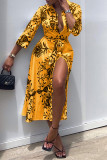 Yellow Fashion Sexy Print Slit Turndown Collar Shirt Dress