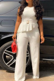 White Casual Solid Patchwork O Neck Straight Jumpsuits