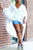 White Fashion Casual Solid Asymmetrical V Neck Tops
