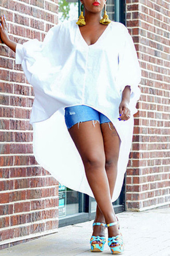 White Fashion Casual Solid Asymmetrical V Neck Tops