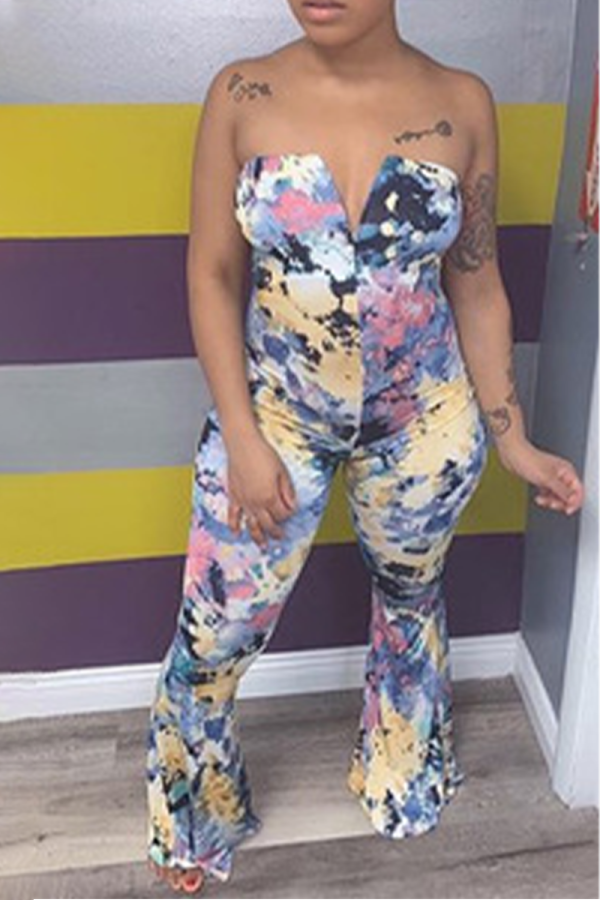 Multicolor Sexy Print Patchwork V Neck Jumpsuits