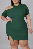 Green Sexy Casual Plus Size Solid Hollowed Out Slit O Neck Short Sleeve Dress