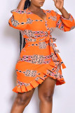 Tangerine Casual Print Bandage Split Joint Flounce Asymmetrical V Neck Straight Plus Size Dresses
