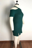 Green Sexy Casual Plus Size Solid Hollowed Out Slit O Neck Short Sleeve Dress