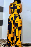 Yellow Fashion Casual Print Basic V Neck Regular Jumpsuits