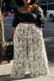 White Casual Print Patchwork Loose High Waist Wide Leg Full Print Bottoms