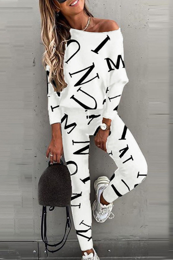 White Casual British Style Letter Print Patchwork O Neck Long Sleeve Two Pieces