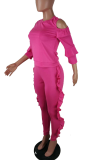 Rose Red Casual Solid Flounce O Neck Long Sleeve Two Pieces