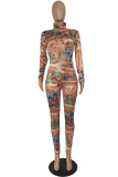 Orange Sexy Print Patchwork Hooded Collar Long Sleeve Two Pieces